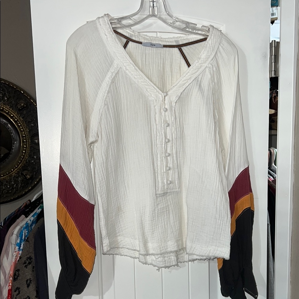 Women's White Boho Top with Colorblock Sleeves